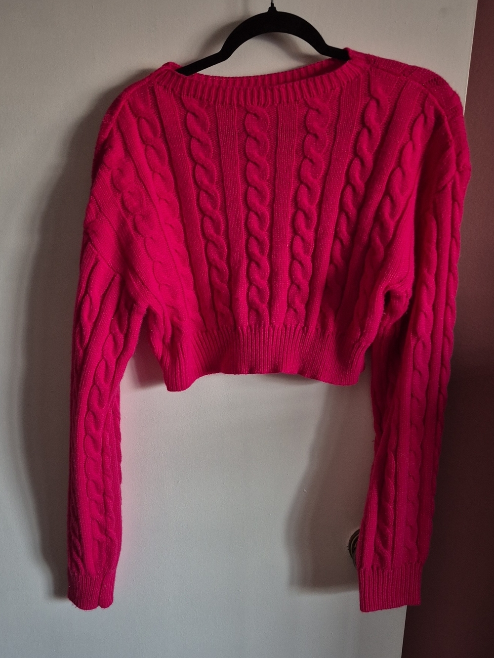 SHEIN Hot Pink Cable Knit Cropped Crewneck Sweater